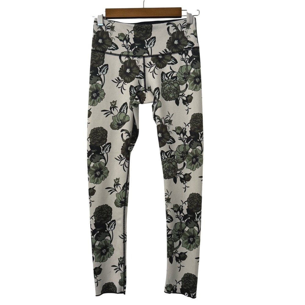 Oiselle Floral Print High Waisted Leggings Womens Sz 02 Green Reversible Gym New